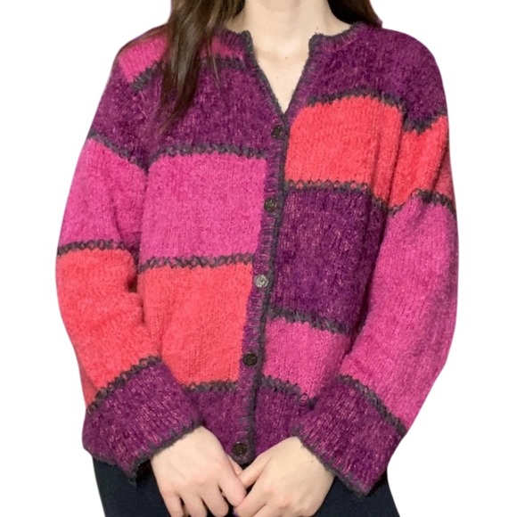 Christopher & Banks Sweaters - Christopher & Banks Vtg Mohair Blend Colorblock Cardigan Sz L Pink Purple Y2K EC